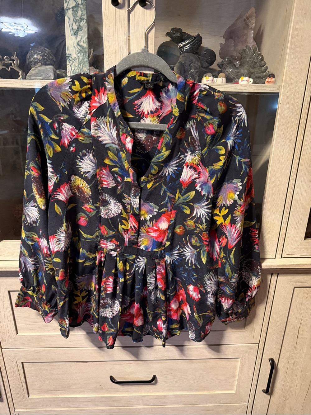 J. Crew Black Floral Peplum Blouse with Multicolor Print